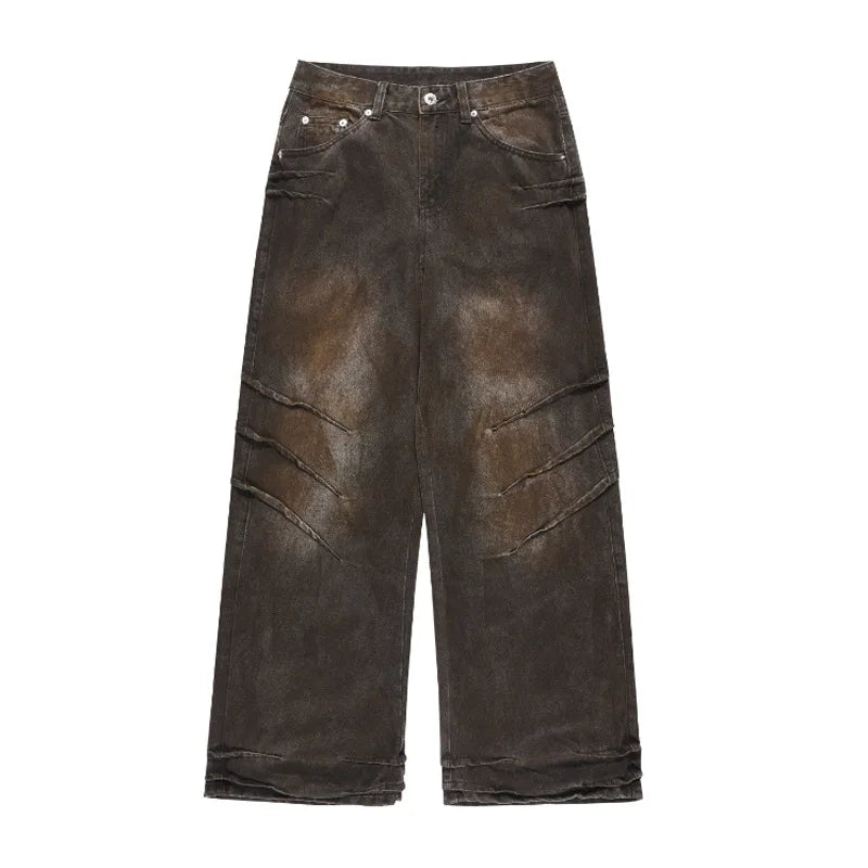 Rust-Washed Moto-Paneled Wide-Leg Jeans