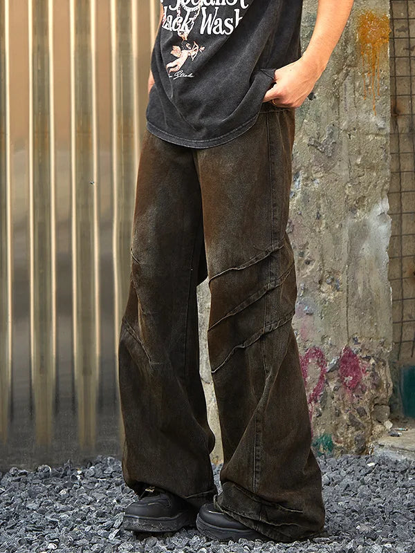 Rust-Washed Moto-Paneled Wide-Leg Jeans
