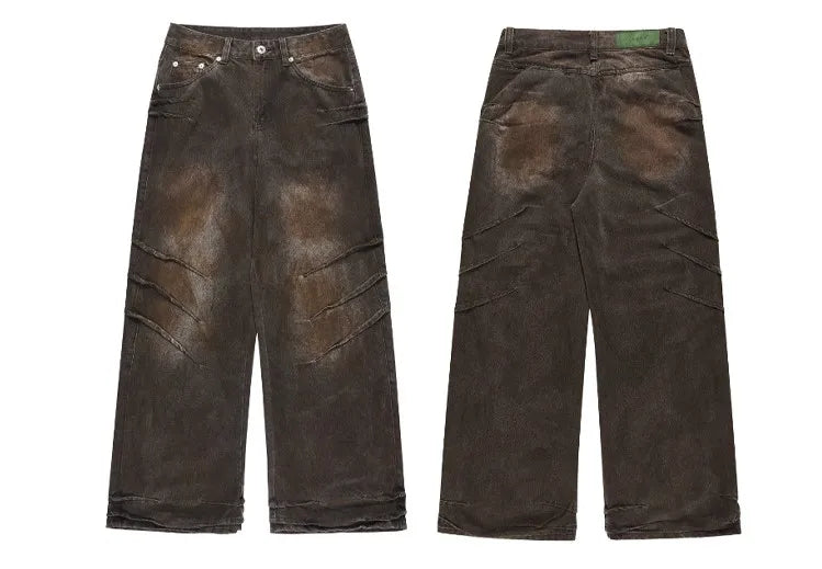 Rust-Washed Moto-Paneled Wide-Leg Jeans