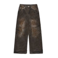 Rust-Washed Moto-Paneled Wide-Leg Jeans